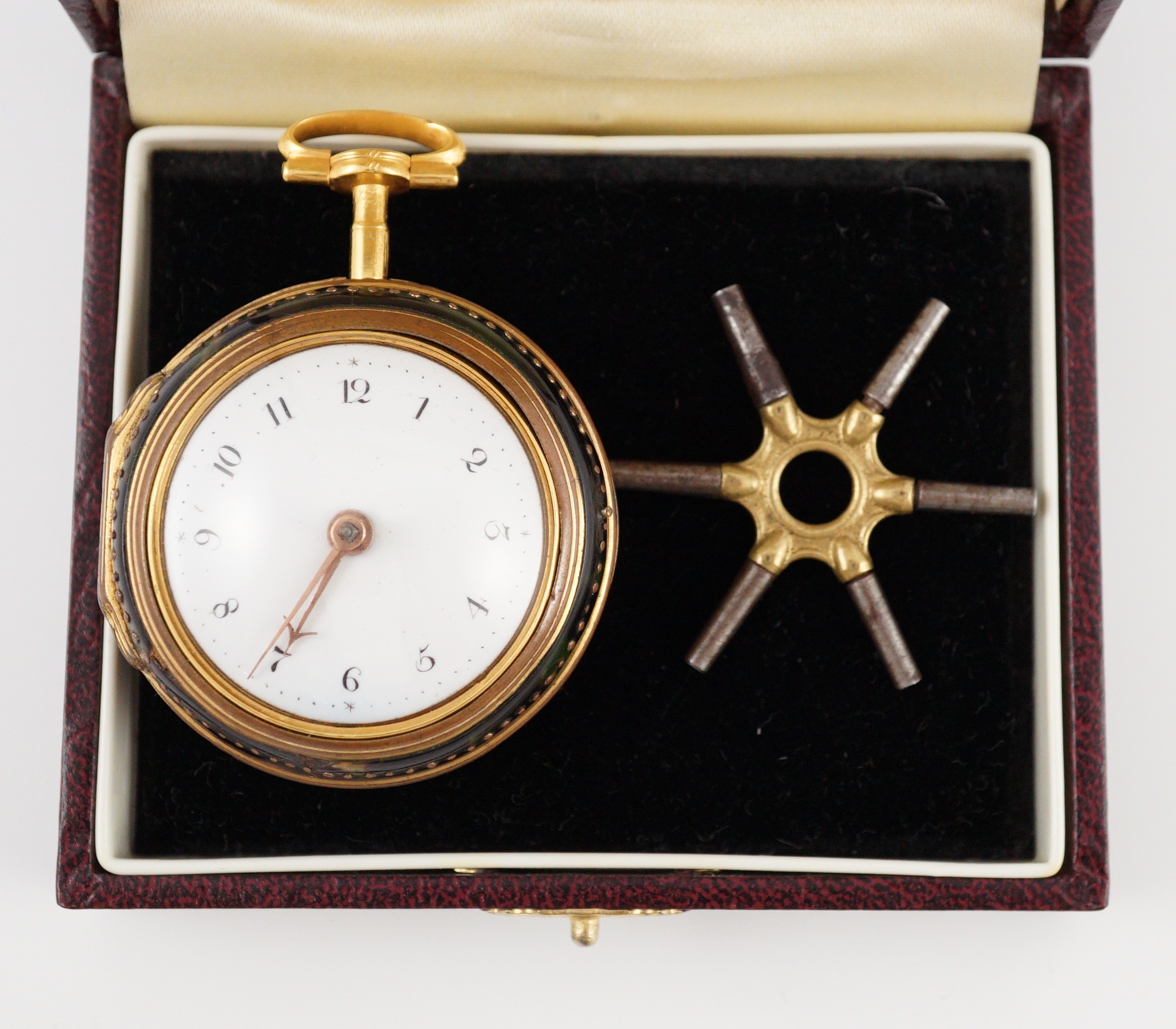 A mid 18th century gilt metal and tortoiseshell pair cased keywind verge pocket watch by Catlin, London